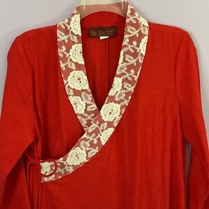 Red Long Sleeve Dress with Floral Trim